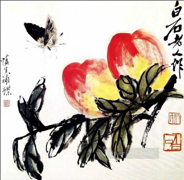 斉白石蝶と桃の古い中国の墨油絵